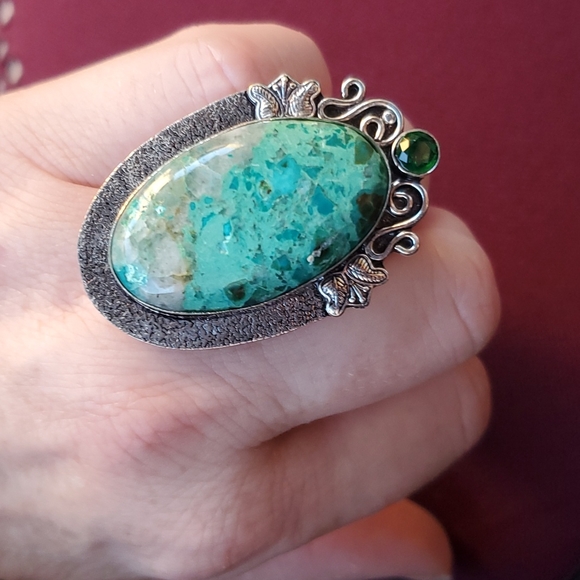 New Chrysocolla & Diopside 925 Silver Butterflies Statement Ring. - Picture 12 of 16